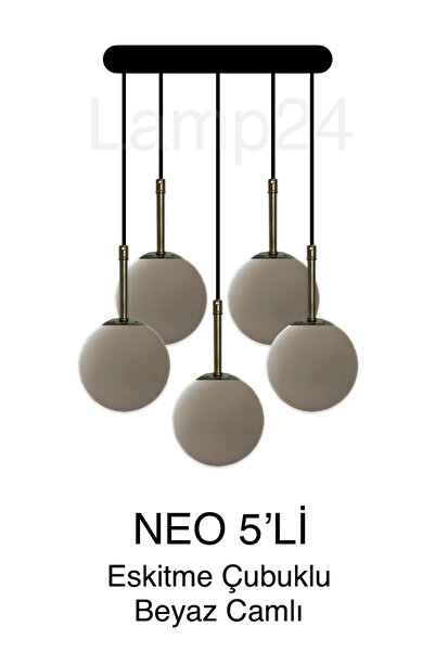 Lamp24 Neo Serisi Beyaz Glop Camlı 5’li Avize - Eskitme Çubuklu