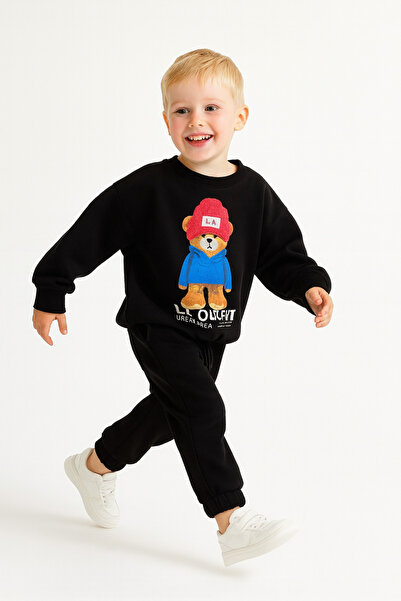 minibambi Комплект с черна барета с щампа La за момче - релефен горен и долен...