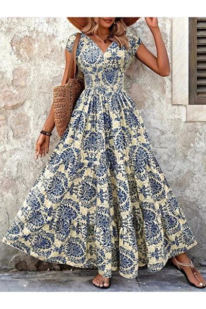 Butik Kadın Kısa Kollu Kruvaze Yaka Beli Lastikli Süprem Maksi Boy Elbise