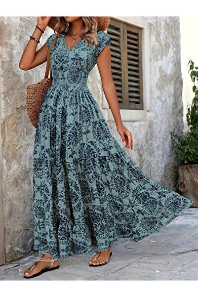 MODA Women's Short Sleeve Double Breasted Collar Elastic Waist Single Jersey Maxi Dress