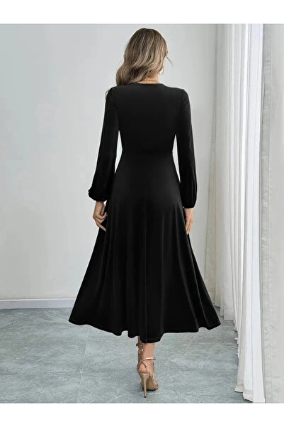 Genel Markalar Kadın Uzun Kollu Bisiklet Yaka Midi Kadife Elbise