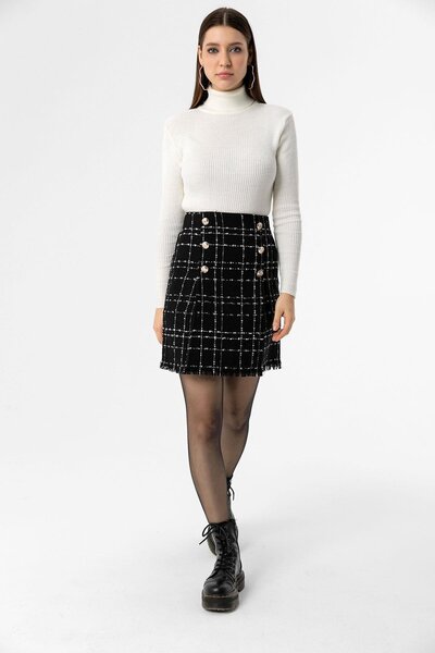 soi fashion Fusta mini din tweed în carouri cu detaliu cu ciucuri