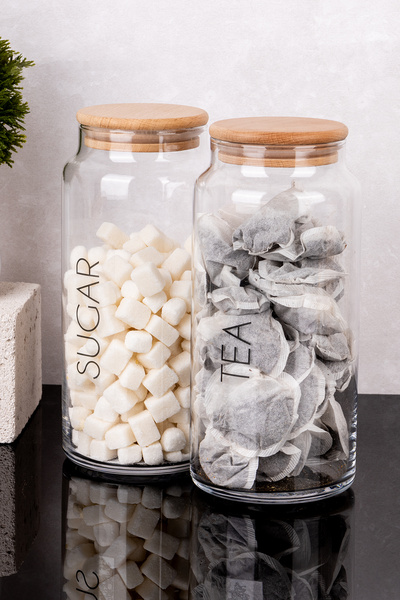 DNS HOME 2-Piece Wooden Vacuum Lid Transparent English Label Tea Candy Storage Container Glass Jar 1300ml