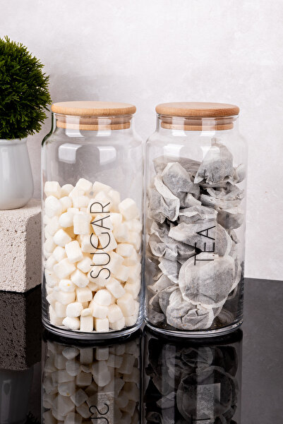 DNS HOME 2-Piece Wooden Vacuum Lid Transparent English Label Tea Candy Storage Container Glass Jar 1300ml