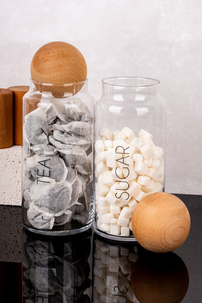 DNS HOME Set of 2 Glass Jars with Wooden Ball Lids Transparent Labeled Tea Sugar Storage Container 1300 ml