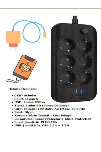 CAILON Akım Korumalı 6’lı Priz 2 USB-A + 1 USB-C Çıkışlı Isıya Dayanıklı Çoklu Akıllı Priz