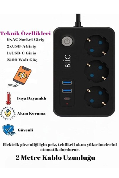 CAILON Akım Korumalı 3 ’lü Priz 2 USB-A + 1 USB-C Çıkışlı Isıya Dayanıklı Çok...