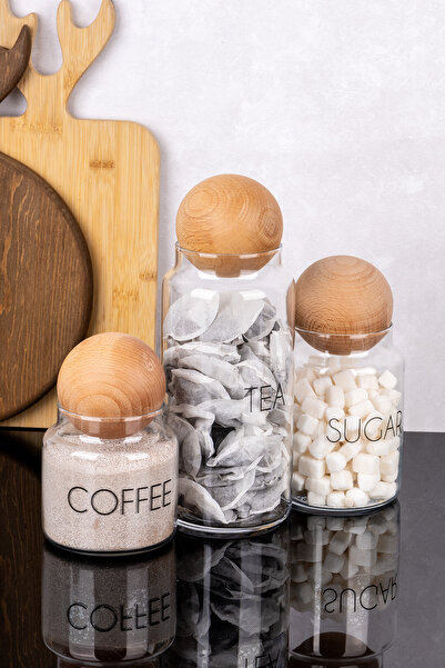 DNS HOME Set of 3 Wooden Lid English Transparent Label Glass Jars Storage Container 1300-800-500 ml