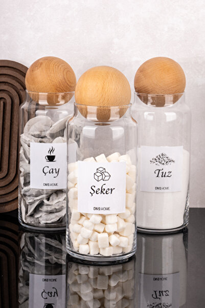 DNS HOME 3-Piece Wooden Ball Lid Labeled Tea Candy Salt Storage Jar Glass Storage Container 1300ml