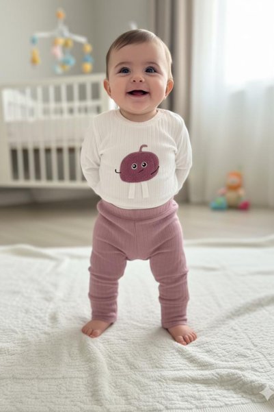 NAFİTTO Kız Bebek İkili Takım – Sevimli Desenli Sweatshirt ve Pembe Alt, Organik Pamuklu Rahat Günlük Set