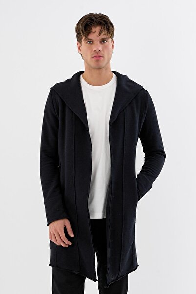 Cekmon Erkek Uzun Siyah Kapüşonlu Salaş Örme Hırka – Cepli Rahat Model, Dokul...