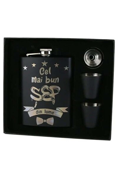 velve Set personalizat „Cel mai bun Sef din lume”, cu plosca, palnie si doua ...