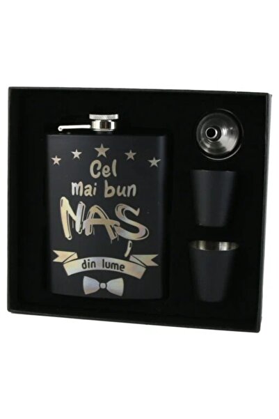 velve Set plosca personalizata „Cel mai bun Nas din lume”, palnie si doua pahare, Negru