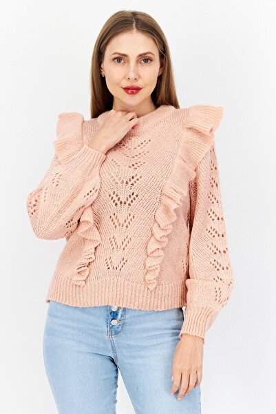 Brave Soul Women Die Cut Ribbed Collar Ruffle Detail Knitted Sweater, Pastel ...