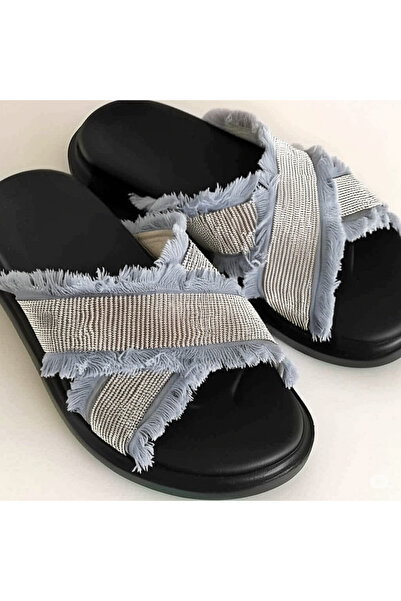 Bufu Angel Ice Blue Denim Tasseled Stone Detailed Women's Slippers
