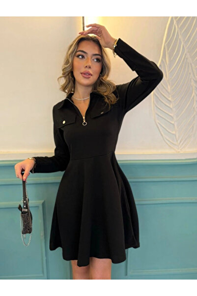 Genel Markalar Kadın Uzun Kollu Yakalı Fermuarlı Ve Cepli Kısa Ithal Krep Kısa Elbise