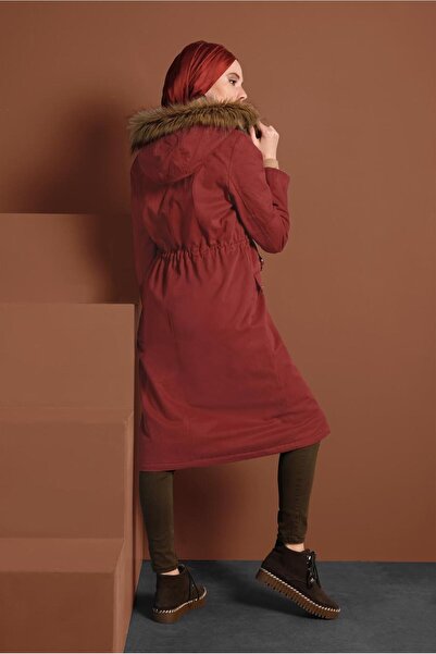 TRENDTESETTÜR Women's Brown (Tile) Fur-Lined Coat with Drawstring Waist 2080