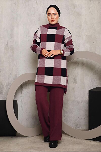 TRENDTESETTÜR Women's Burgundy Plaid Pants Knitwear Set 7292