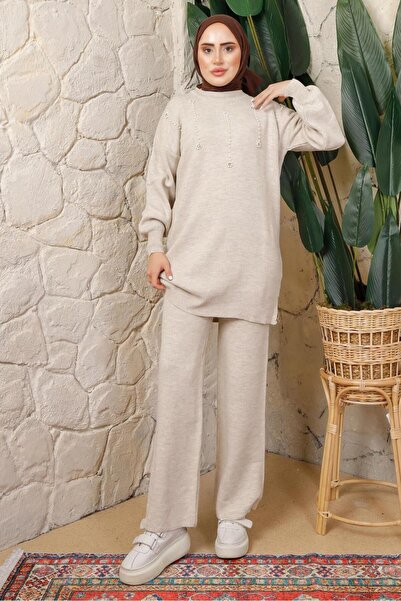 TRENDTESETTÜR KADIN BEJ (TAŞ) BONCUK BASKILI PANTOLONLU TRİKO TAKIM T 9408