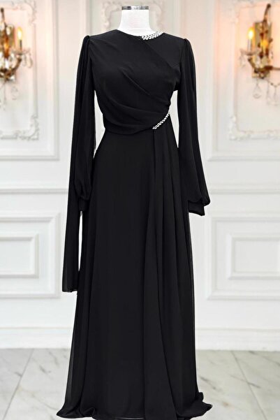 TRENDTESETTÜR KADIN SİYAH ŞİFON ABİYE ELBİSE T 9163