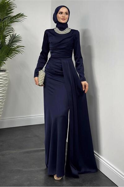 TRENDTESETTÜR KADIN LACİVERT İNCİ KOLYELİ ABİYE ELBİSE T 1510