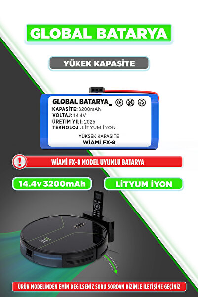 GLOBAL BATARYA Wiami Fx-8 Uyumlu Robot Süpürge Bataryası 14.4V 3200Mah Pil (Y...