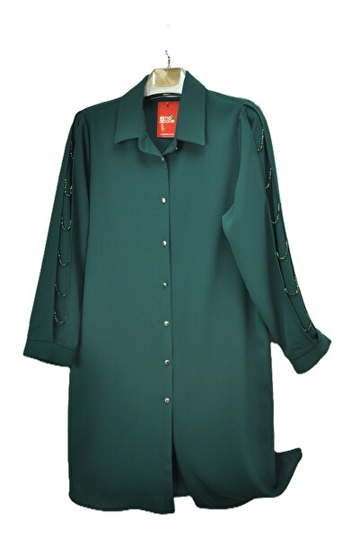 elma abone Crepe Crystal Stone Detailed Tunic Plus Size Tunic Shirt