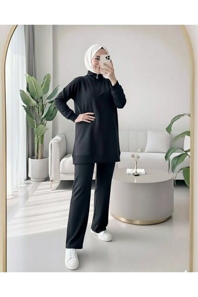 Modamorfo Half Zipper High Neck Combed Cotton Suit - Black