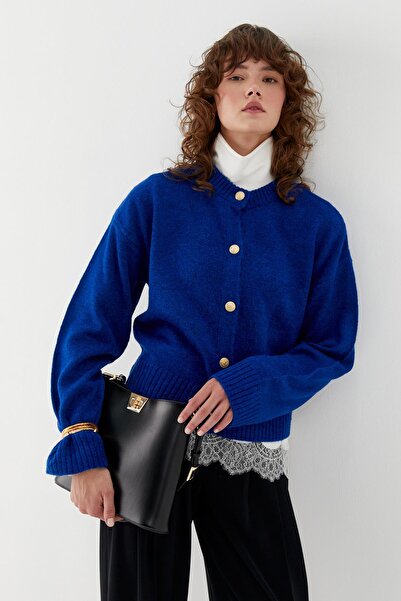 MARKALİSTE Gold Buttoned Knitwear Cardigan Saks Blue