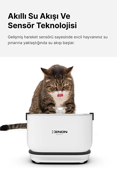 Xenon Smart Kedi Su Pınarı | Çelik, Kablosuz, Sensörlü, 5200mAh, 2.5Lt, Su Çeşmesi (X8652)