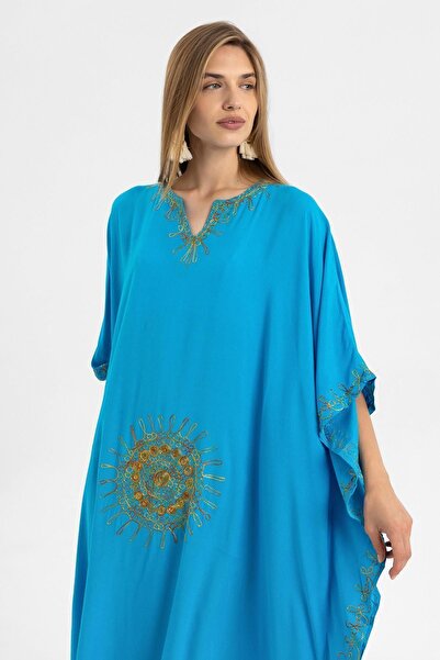 Deriderim Тюркоазена бродирана дълга памучна лятна рокля кафтан - ръкави тип „прилеп“