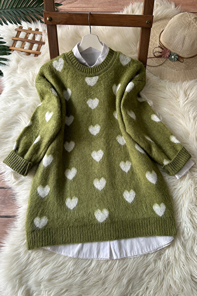 MODAQU Soft Textured Heart Patterned Soft Sweater - Khaki