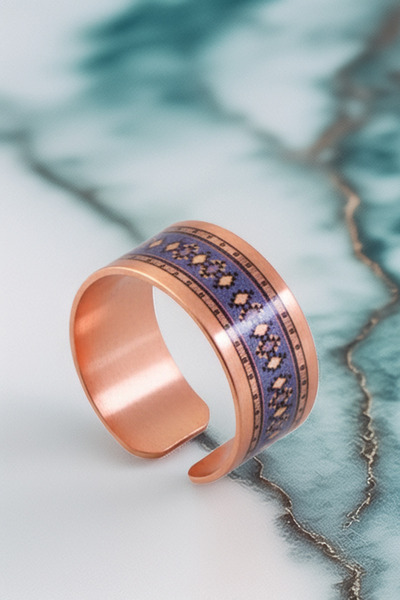 OSMANLI GÜMÜŞ Women's Copper Bracelet Ring Set - Lola Model Special Edition Metal Box and Quartz Stone