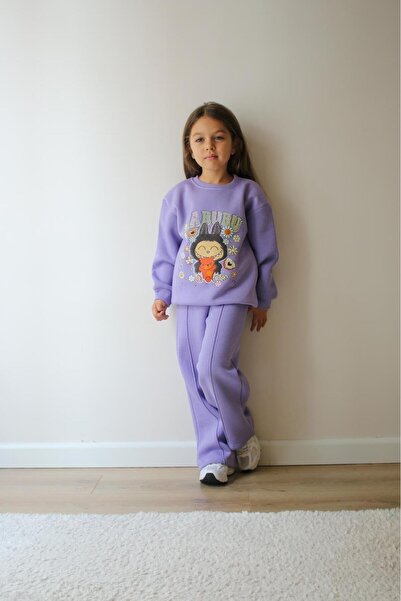 Aselin Kids Kız Çocuk Mor Labubu Desenli Eşofman Takımı Alt Üst Takım
