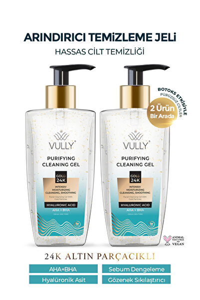 VULLY 2 Adet 24k Altın Parçacıklı Arındırıcı Nemlendirici Gözenek Sıkılaştırıcı Yüz Temizleme Jeli 200 Ml