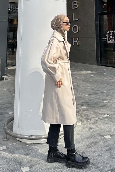 lamelif Beige Balloon Sleeve Knitted Cashew Coat