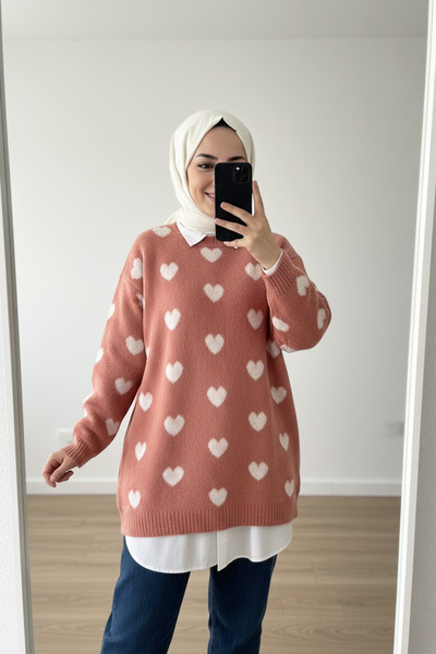 MODAQU Μαλακό πουλόβερ με σχέδιο καρδιάς - Dusty Rose