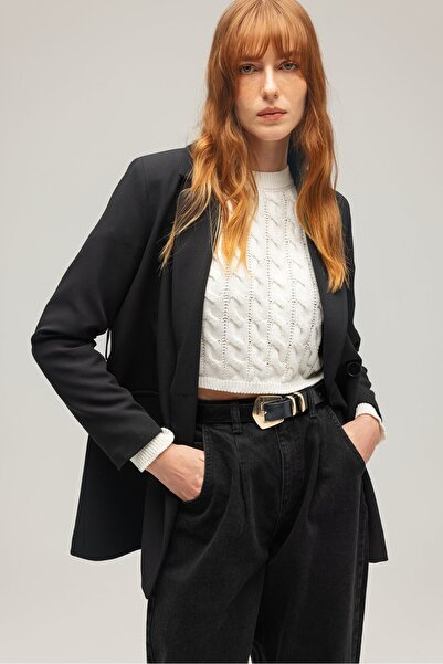 Saade Černá dámská jednořadá tkaná bunda s dvouřadým zapínáním - s páskem