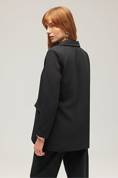 Saade Černá dámská jednořadá tkaná bunda s dvouřadým zapínáním - s páskem