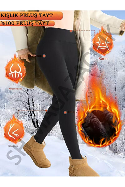Sh Mağazacılık Unisex Thick Winter Tall Waist Inside Plush Black Thermal Warm Leggings
