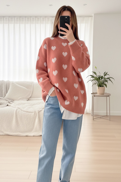 MODAQU Μαλακό πουλόβερ με σχέδιο καρδιάς - Dusty Rose