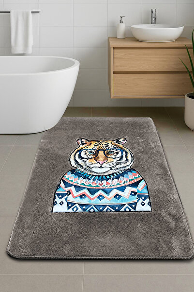 Chilai Home Logwe Taş Tekli Nakışlı Banyo Paspası ,Kaymaz Tabanlı 60x100 cm