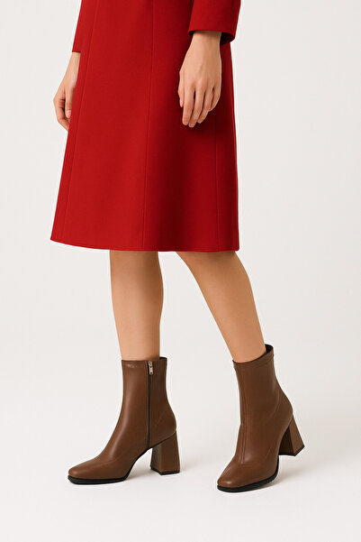 Reyonda ayakkabı Kadın Kahverengi Taba Streç Bilekli Orta Boy Topuklu Bot
