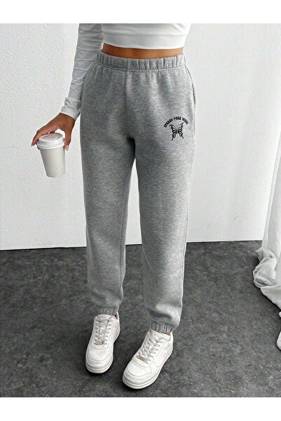 Mood Lab Yüksek Belli Jogger Eşofman Altı İçi Polarlı Cepli Baskı detaylı