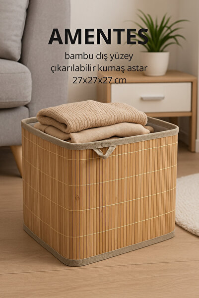 Amentes El Yapımı Bambu Katlanabilir Organizer Çamaşır Sepeti 27X27X27