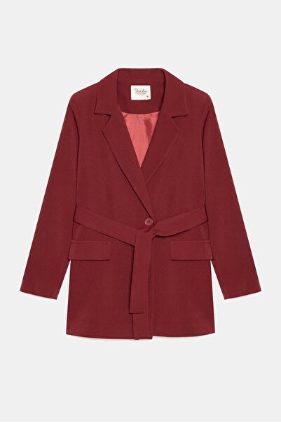 Saade Bordo Kadın Tek Düğmeli Dokuma Kruvaze Blazer Ceket - Kuşaklı