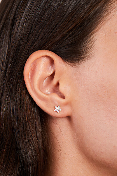 Elika Silver 925 Ayar Gümüş Damla Kesim Zirkon Taşlı Lotus Çiçek Küpe