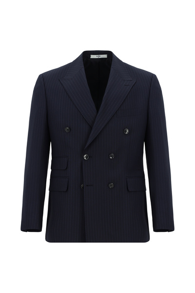 Kiğılı Slim Fit Dar Kesim Çizgili Yünlü Kruvaze Takım Elbise