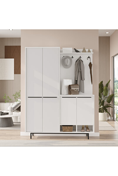 Yurupa Carmen Portmanto Vestiyer Ayakkabılık Metal Ayaklı Beyaz CAR1-W