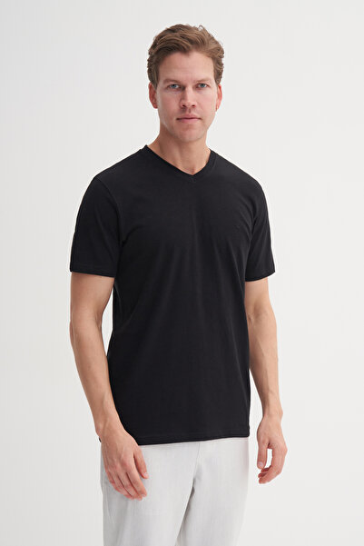 Cazador Slim Fit V Yaka Pamuklu Düz Tişört